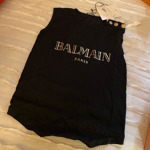 Black Balmain Tank Tee Gold Button On shoulder